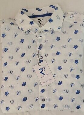 R2 White Button-Down Linen Shirt with Blue Floral Print